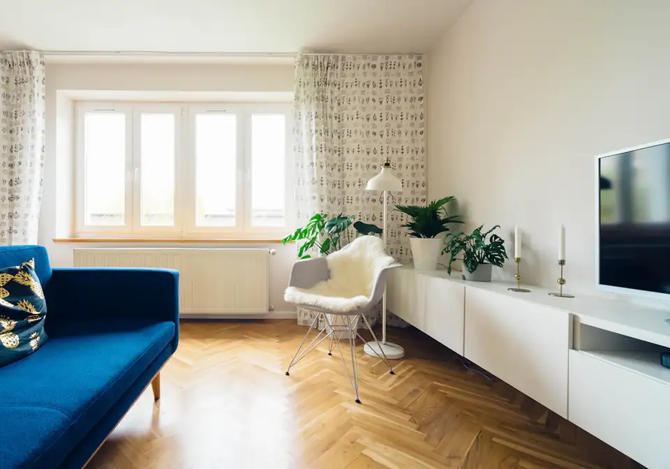 Bright living room with large windows